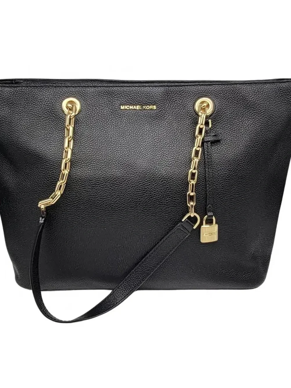 Michael Kors Black Pebble Leather Mercer / Kimberly Tote Bag with Gold Chain